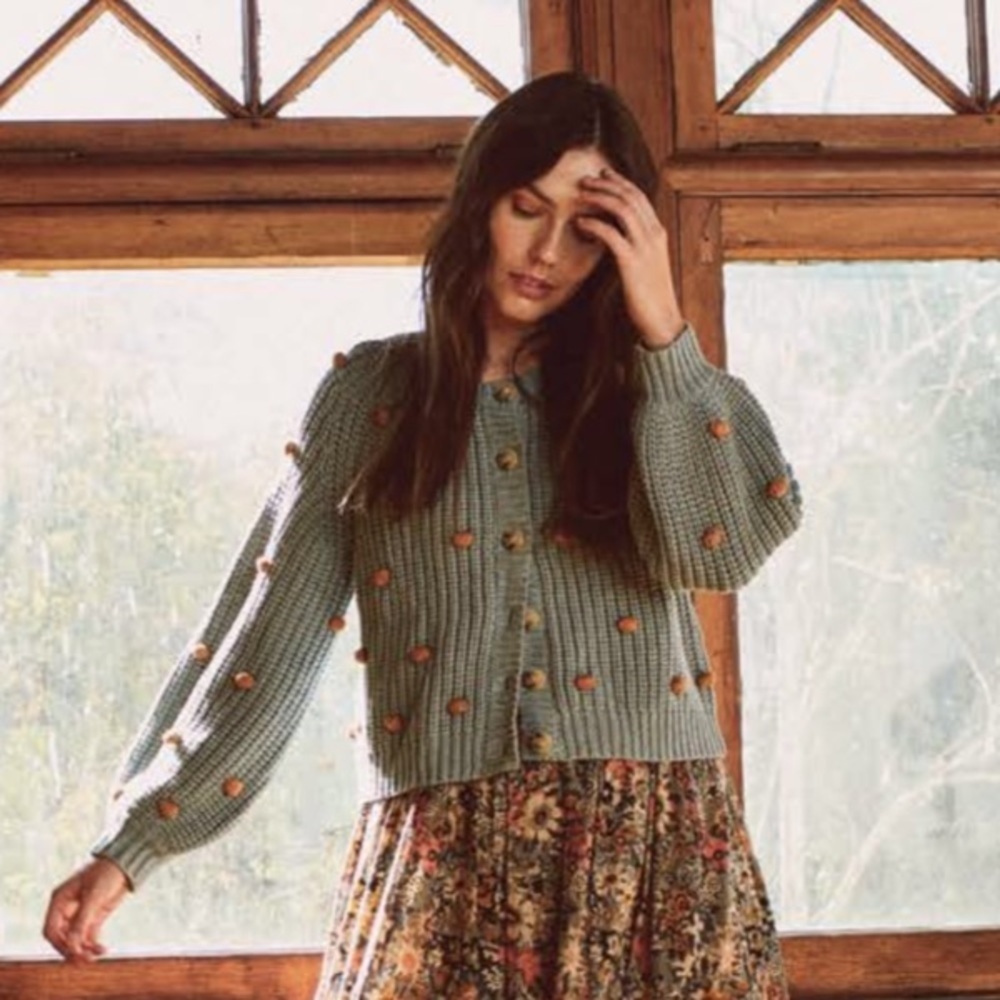 THE GREAT. The Bobble Sophomore Knit Cardigan in Dusty Blue/Honey Sz S - Picture 1 of 7